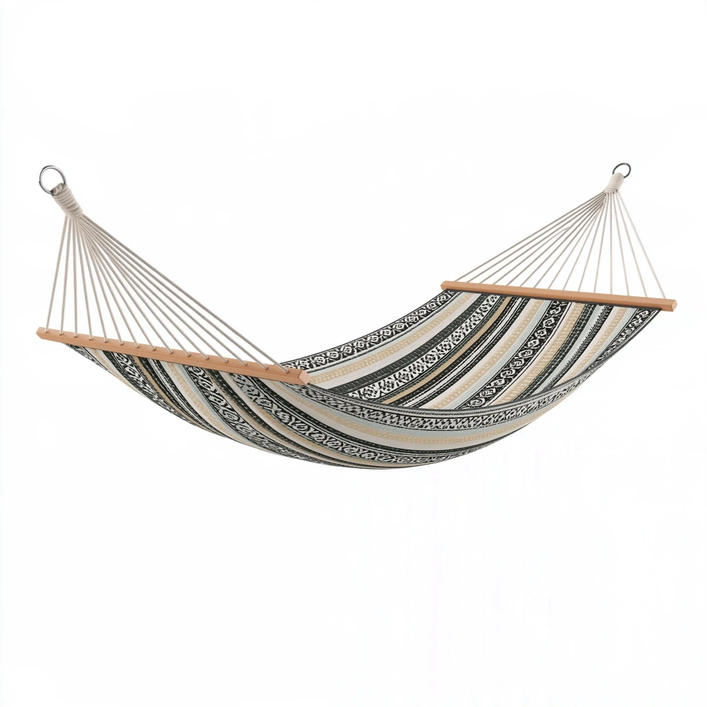 Amaca 200 x 100 cm in tessuto beige nero con barre in legno per giardino