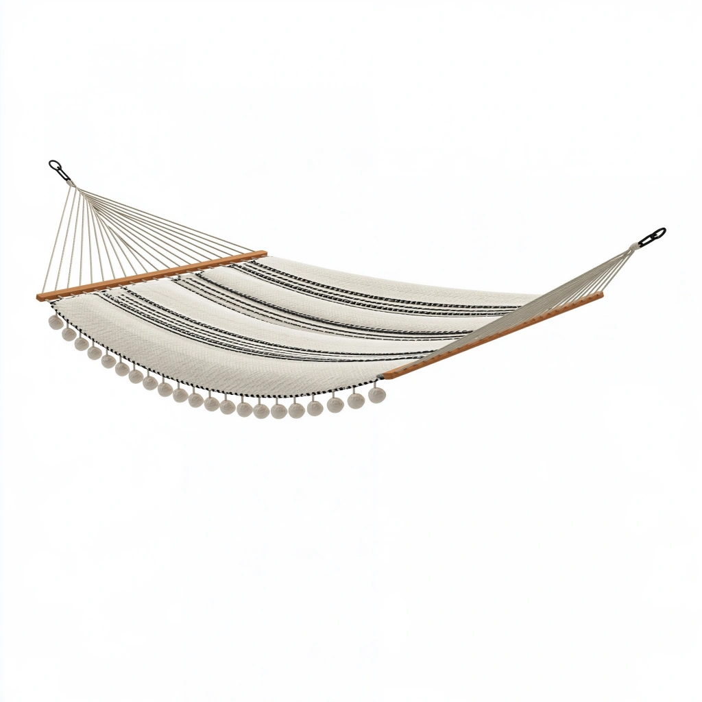 Amaca 270 x 150 cm in cotone avorio con barre in legno e frange decorative
