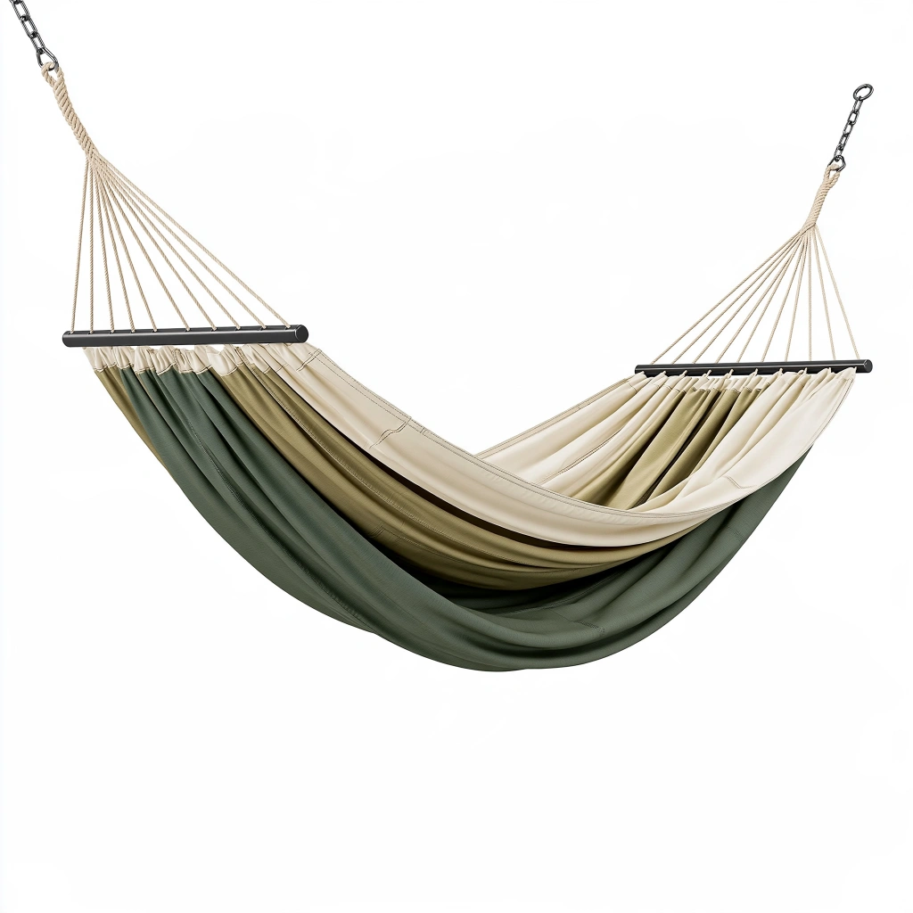 Amaca 300 x 140 cm in tessuto verde e beige con barre distenditrici per giardino