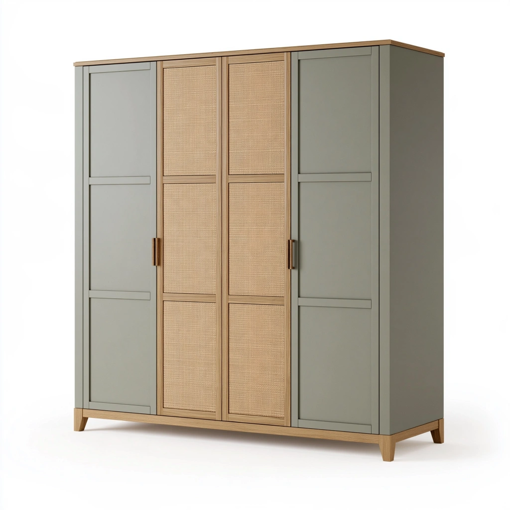 Armadio 180 x 60 x 200 cm in legno verde salvia e rattan a 4 ante
