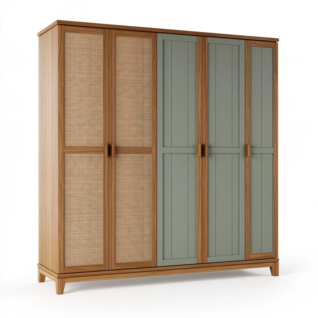 Armadio 200 x 60 x 220 cm in legno marrone e verde con ante in rattan stile naturale