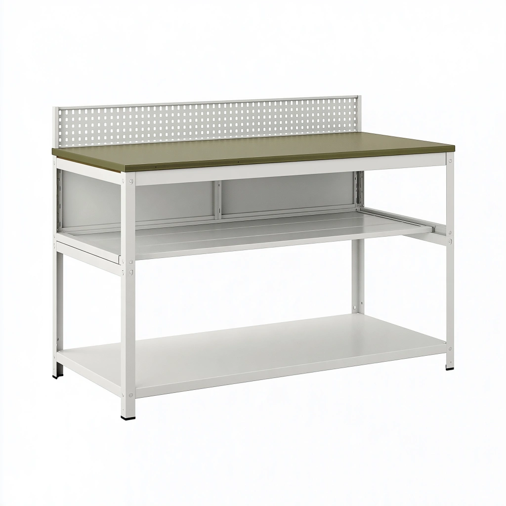 Banco da lavoro 120 x 60 x 140 cm in acciaio grigio e verde oliva con pannello forato e ripiani