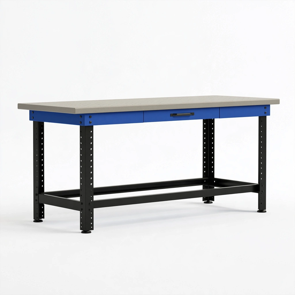Banco da lavoro 160 cm x 60 cm x 90 cm in acciaio e legno grigio blu con cassetto