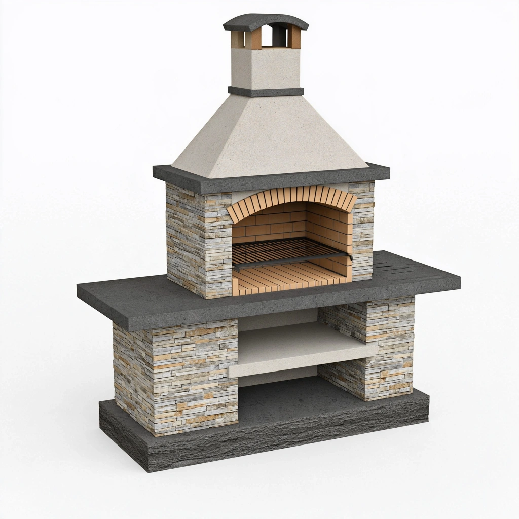 Barbecue da giardino 140 x 70 x 220 cm in pietra e mattoni refrattari grigio beige con camino