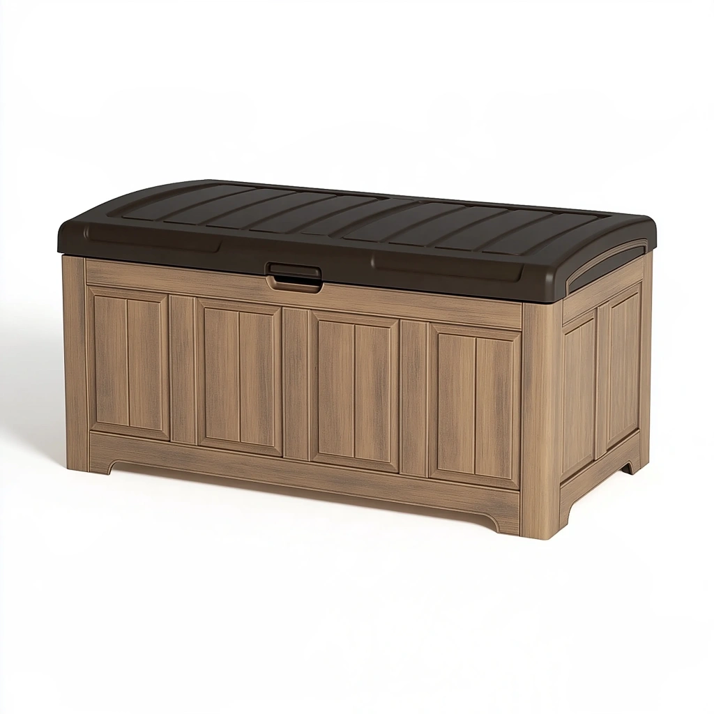 Cassapanca da esterno 120 x 55 x 60 cm in resina marrone effetto legno con coperchio