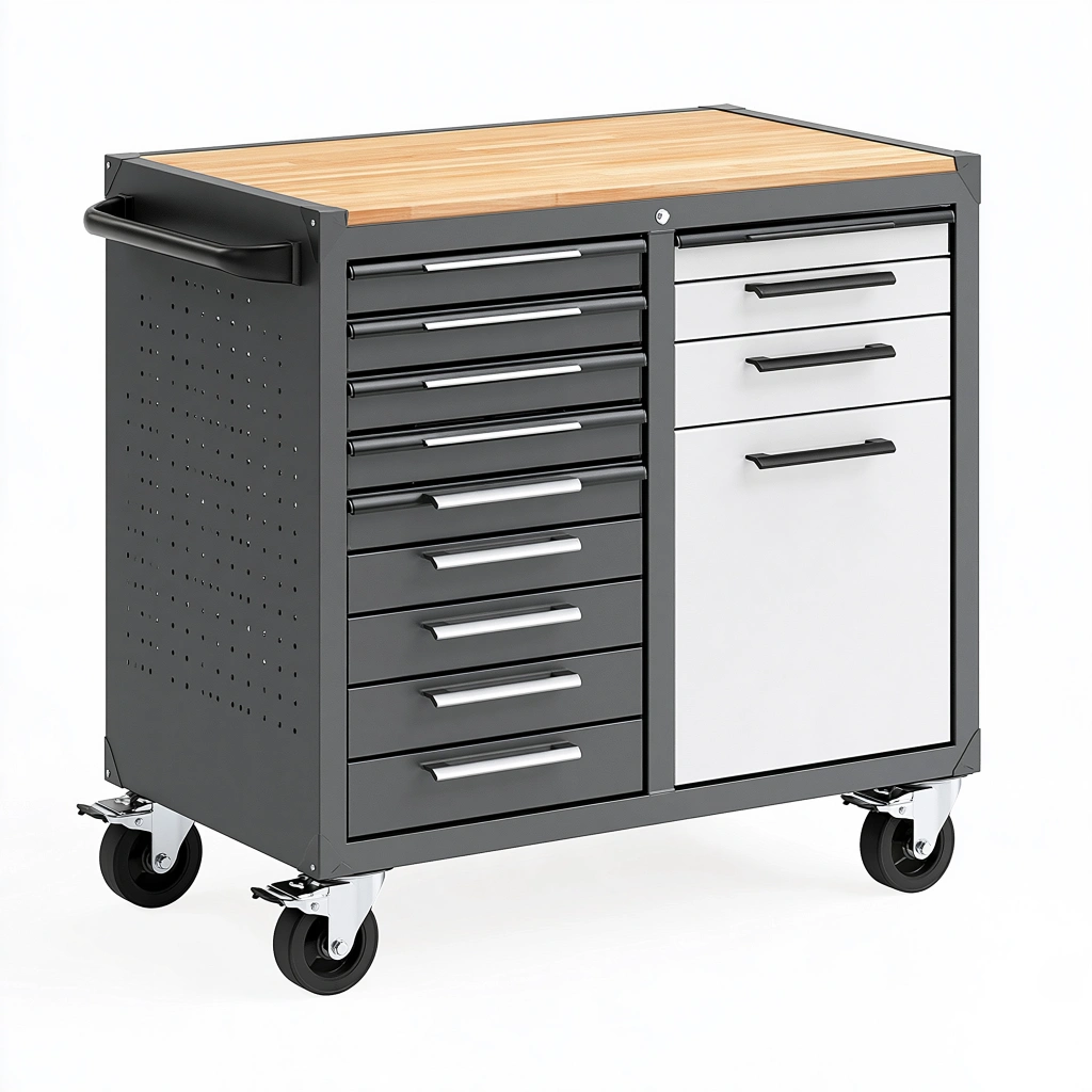 Carrello portautensili 90 x 50 x 95 cm in acciaio nero e grigio con piano in legno - mobile officina con ruote