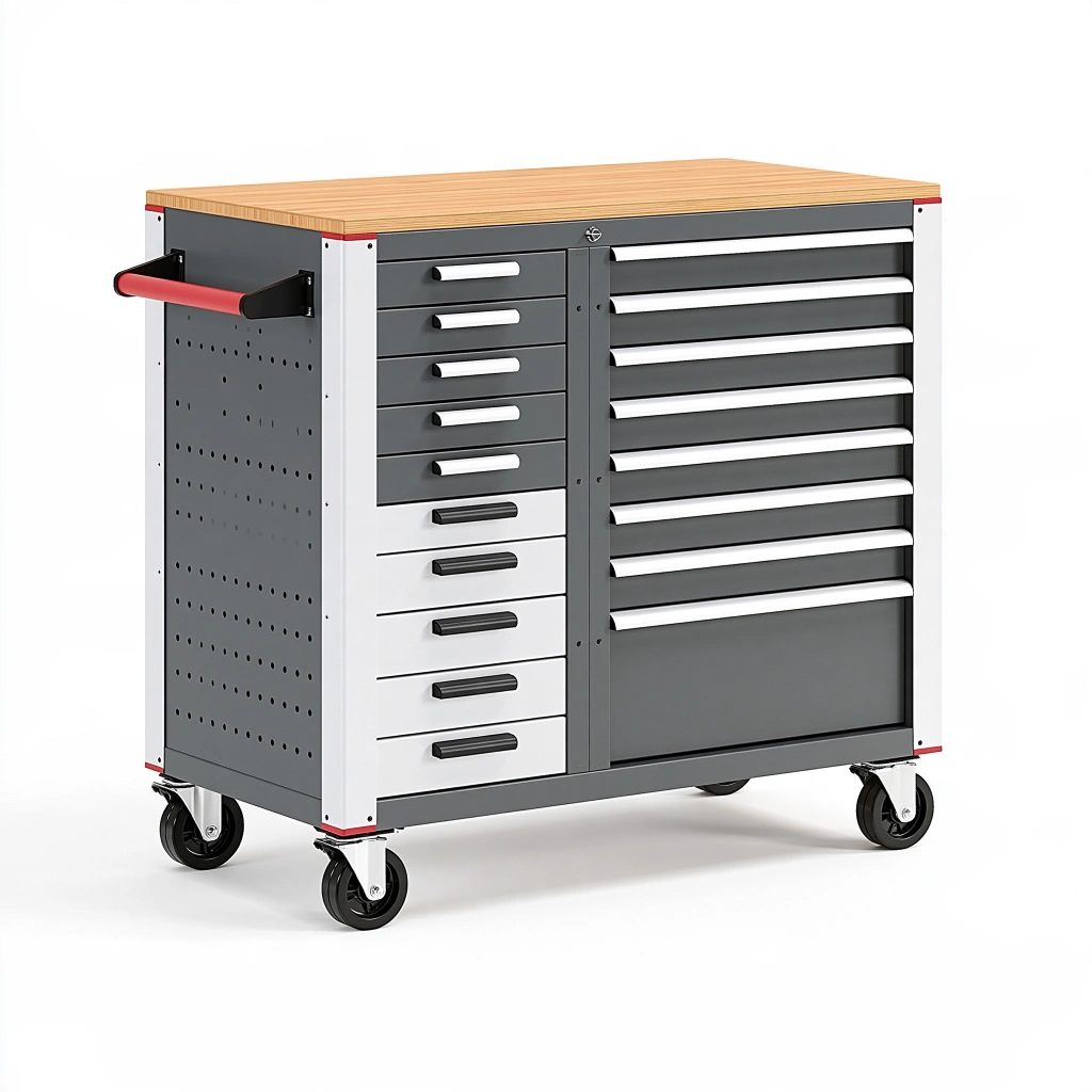 Carrello portautensili 100x50x90 cm in acciaio grigio e bianco con piano in legno - 17 cassetti per officina